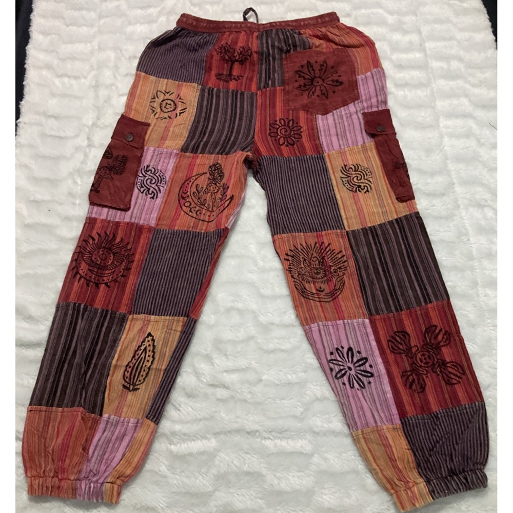 Rising Women's Medium Multicolored Boho Hippie Festival Joggers Patchwork NWT - Picture 2 of 11